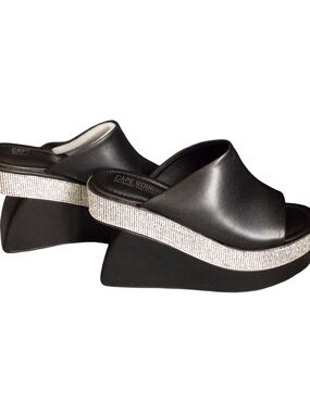 Cape Robbin Black Wedge Slide Sandals with Rhinestone Platforms size 7 NIB